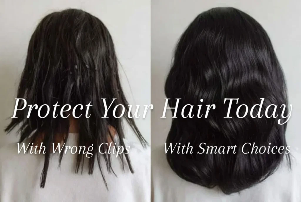 Before damaged hair from bad clips vs after healthy hair with proper care