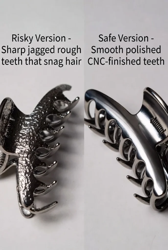 Comparison of risky sharp metal claw clip edges vs safe polished smooth finish