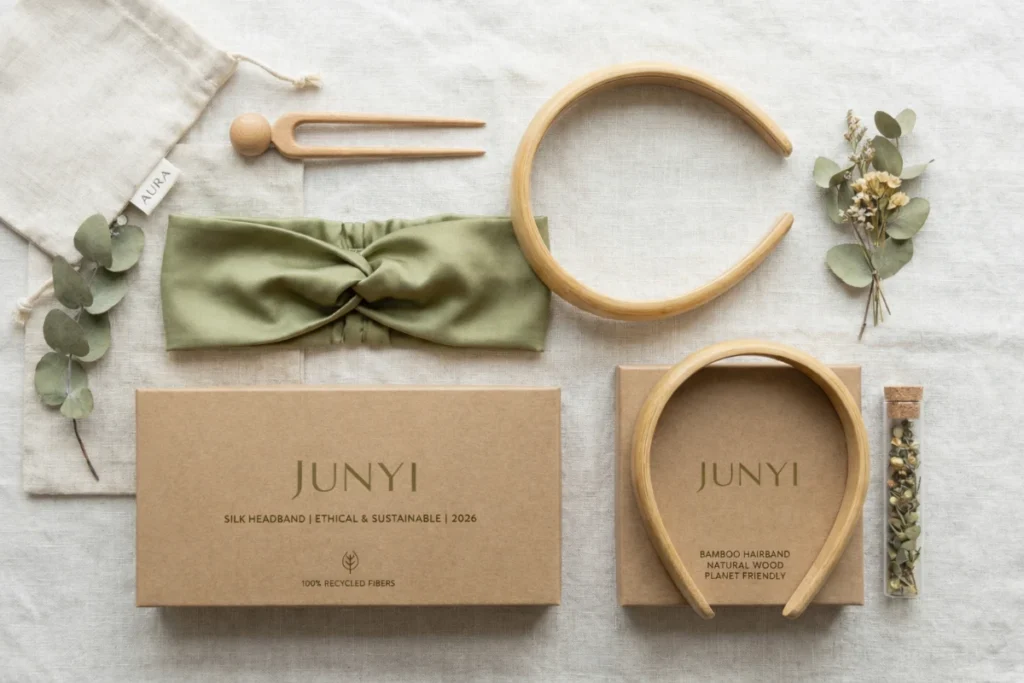 Eco-friendly hair accessories flat lay
