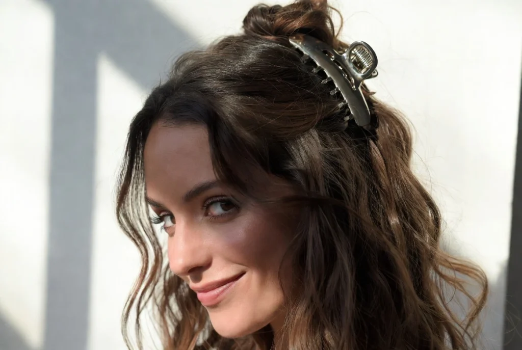 Stylish woman wearing polished metal claw clip in effortless messy bun updo hairstyle