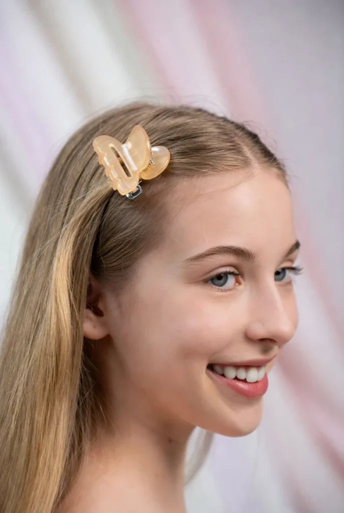 Woman with fine hair using gentle acetate claw clip safely