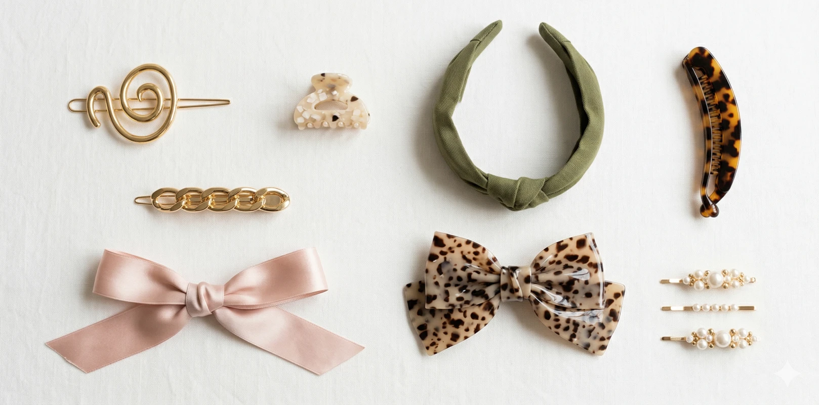 Eight trending hair accessories for 2026 including ribbon ties, sculptural pins and bow barrettes displayed on a flat surface