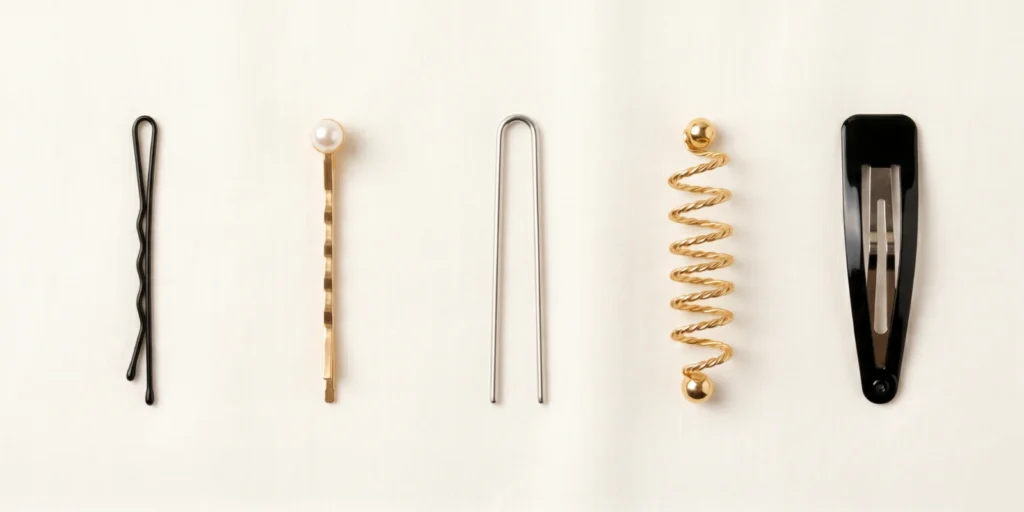 Five bobby pin variants including standard, decorative, U-pin, spin pin and snap clip displayed in a row