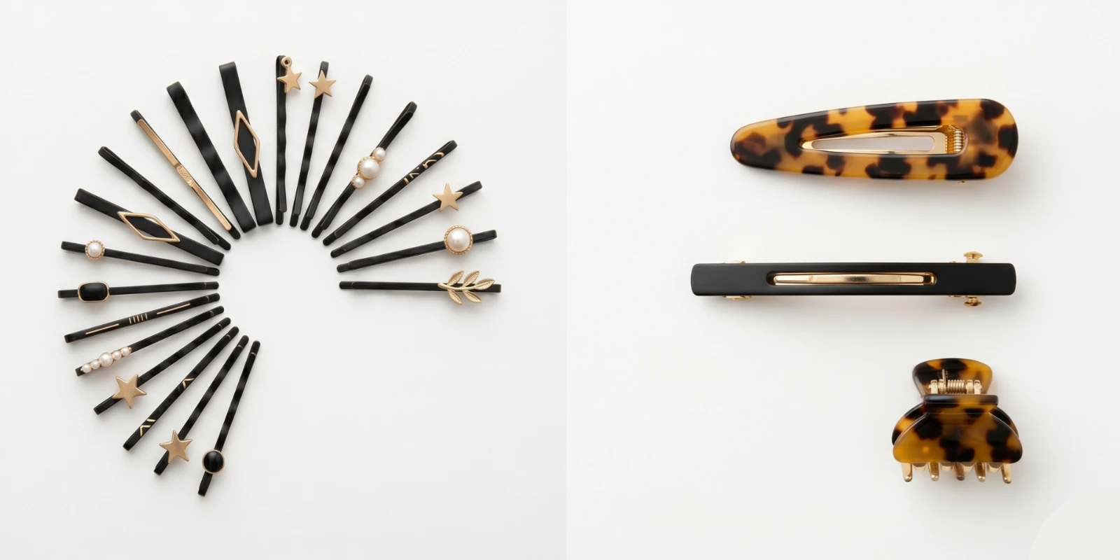 Bobby pins and hair clips displayed side by side on a flat white surface showing size and format comparison