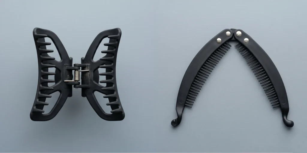 Claw clip and banana clip shown open to display internal spring mechanism and interlocking comb structure