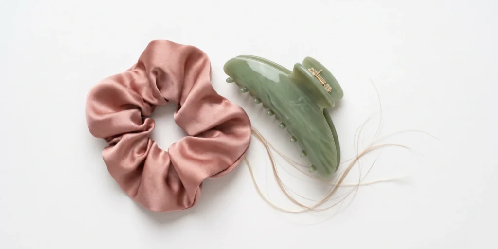 Satin scrunchie and acetate claw clip displayed together representing low-damage hair accessory options