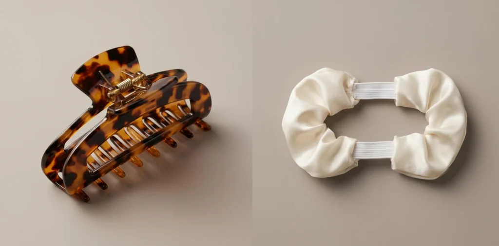 Claw clip shown open displaying spring mechanism alongside scrunchie showing fabric-covered elastic construction