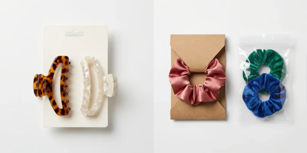 Claw clips and scrunchies in retail packaging formats displayed for B2B sourcing reference