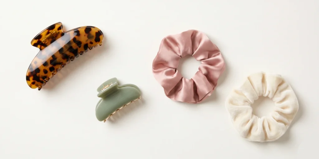A curated range of claw clips and scrunchies in complementary colourways displayed for retail range planning