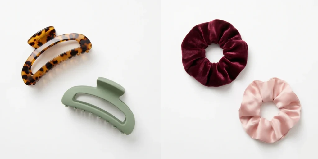 Claw clips in acetate and scrunchies in satin and velvet displayed side by side on a flat white surface