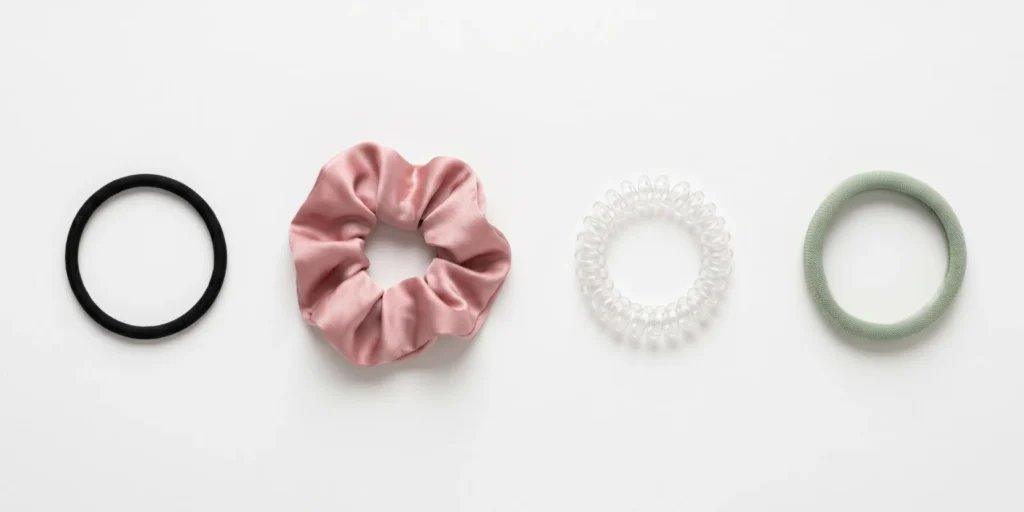 Assortment of hair ties including elastic bands, scrunchies and spiral coils displayed on a flat white surface