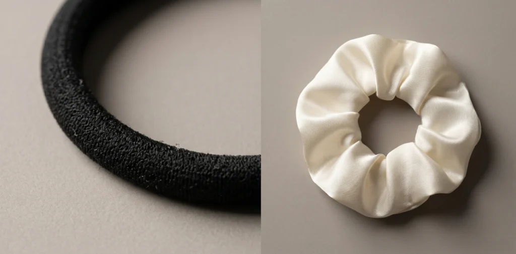 Close-up comparison of bare elastic hair band and fabric-covered scrunchie showing surface texture difference relevant to hair friction