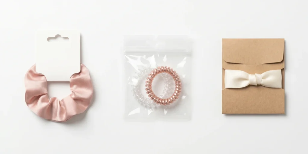 Hair tie formats including scrunchies, coil ties and ribbon ties in retail packaging for B2B sourcing reference
