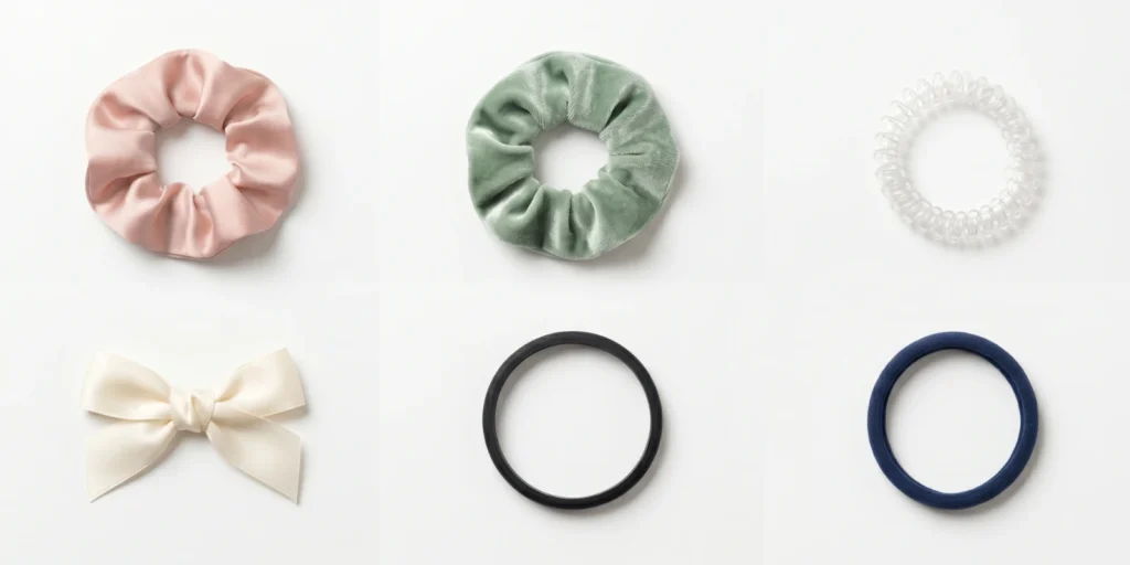 Full range of hair tie formats from scrunchies to coil ties and ribbon ties displayed for retail range planning reference