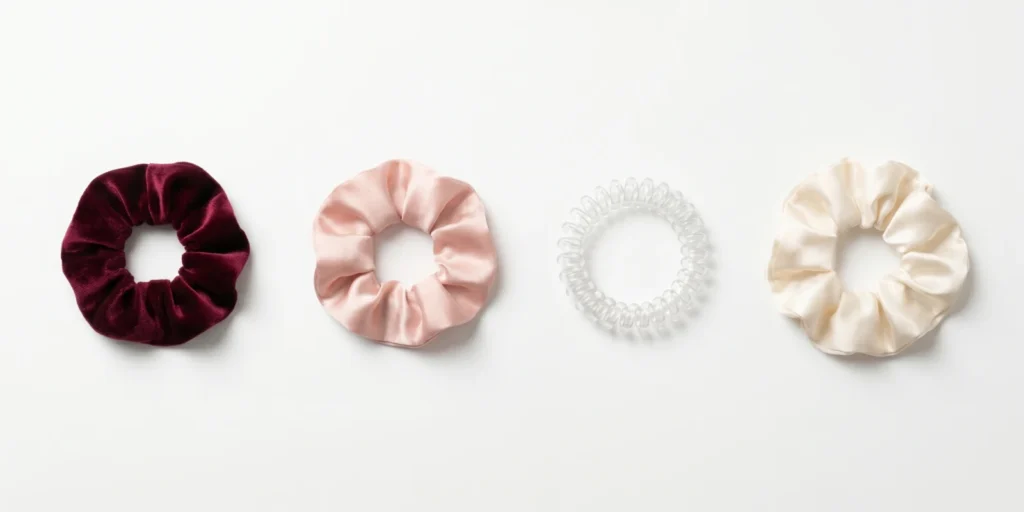 Scrunchies in velvet and satin alongside spiral coil hair ties displayed as low-breakage alternatives to elastic bands
