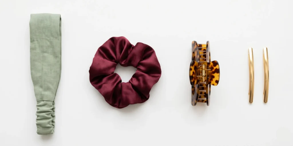 Satin scrunchie, large acetate claw clip and smooth hair pin displayed as best hair accessories for curly hair on white surface