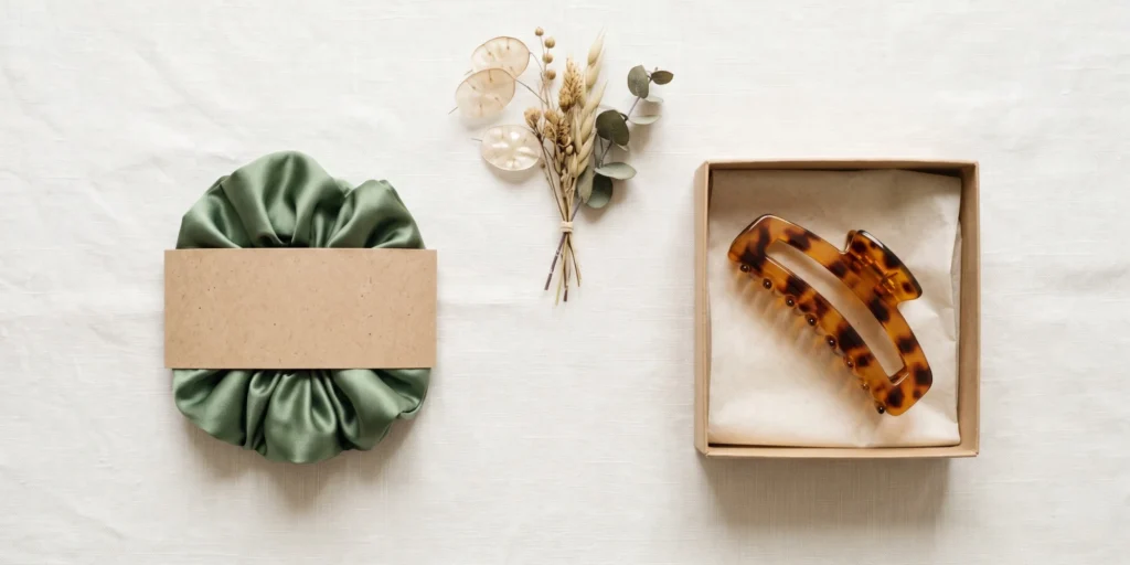 Satin scrunchie and acetate claw clip in premium kraft packaging suggesting color-treated hair safe product positioning