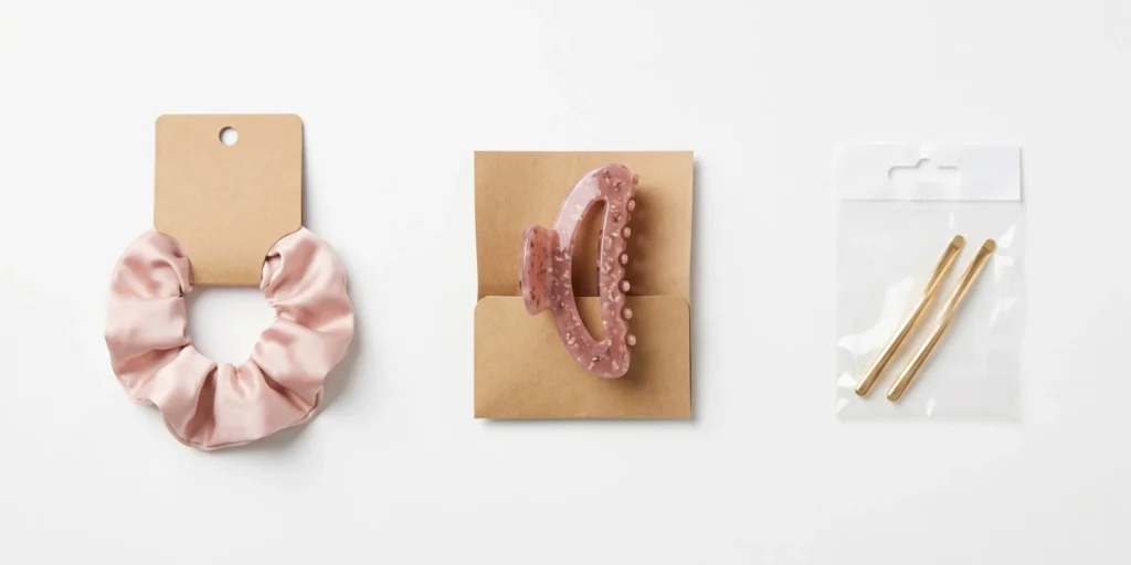Curated range of low-damage accessories for color-treated hair including satin scrunchies, acetate clips and smooth pins in retail packaging