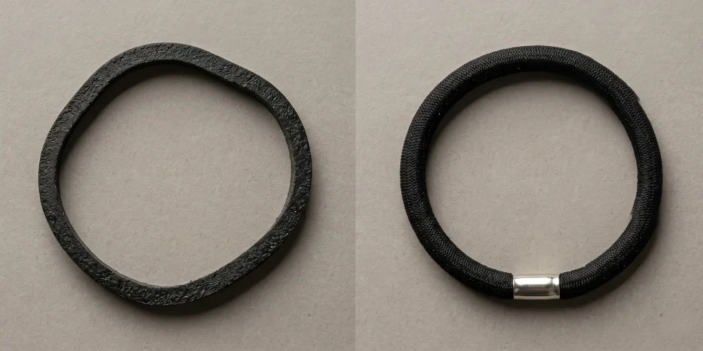 Bare elastic hair band and metal-jointed elastic displayed as high-friction accessories to avoid on color-treated hair