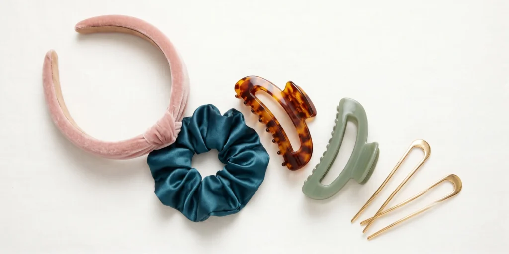 Full range of curly hair accessories including oversized claw clips, satin scrunchies, U-pins and wide headband displayed editorially