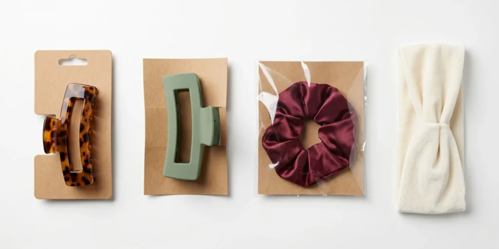 Curated range of curly hair accessories including large claw clips and satin scrunchies in retail packaging for B2B sourcing reference