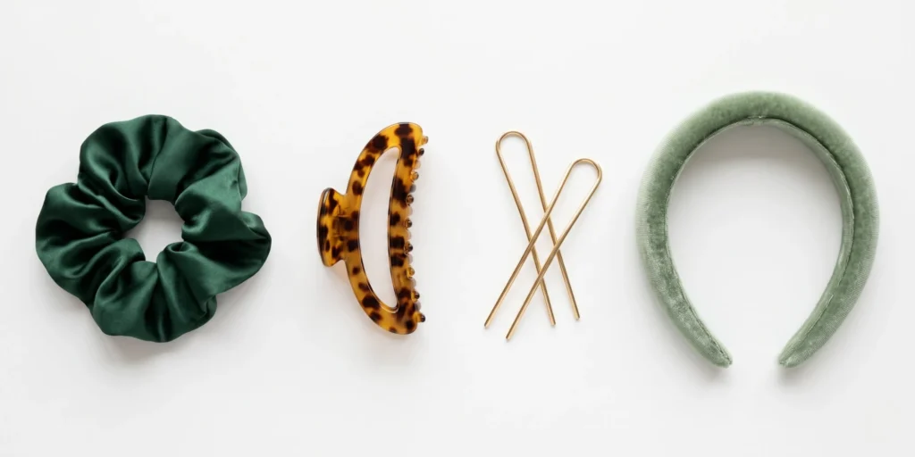 Satin scrunchie, large claw clip, U-pins and wide fabric headband displayed as best accessories for curly hair