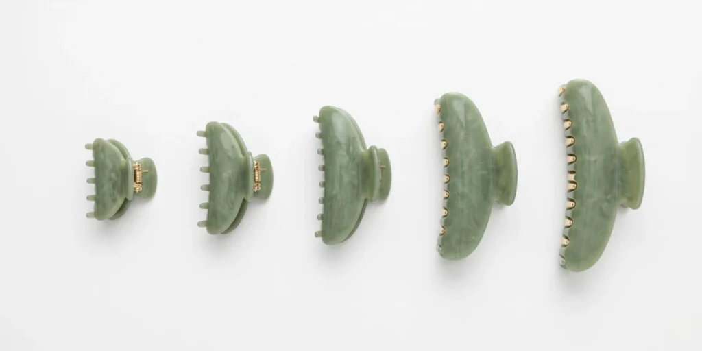 Five claw clips in graduated sizes from mini to oversized displayed in a row on a white surface showing size comparison