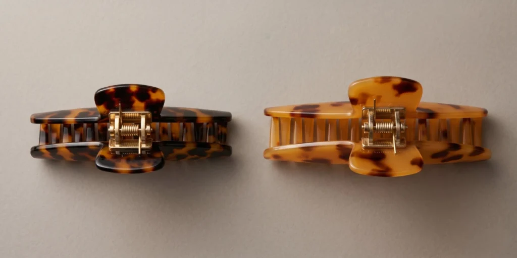 Large 10cm and oversized 12cm acetate claw clips in tortoiseshell displayed showing size difference for thick hair reference