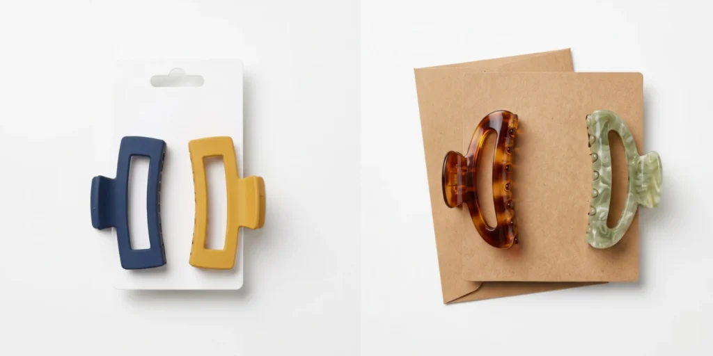 Plastic and acetate claw clips in retail packaging displayed side by side for B2B sourcing comparison