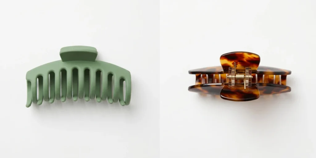 Plastic claw clip in solid colour and acetate claw clip in tortoiseshell displayed side by side on a flat white surface