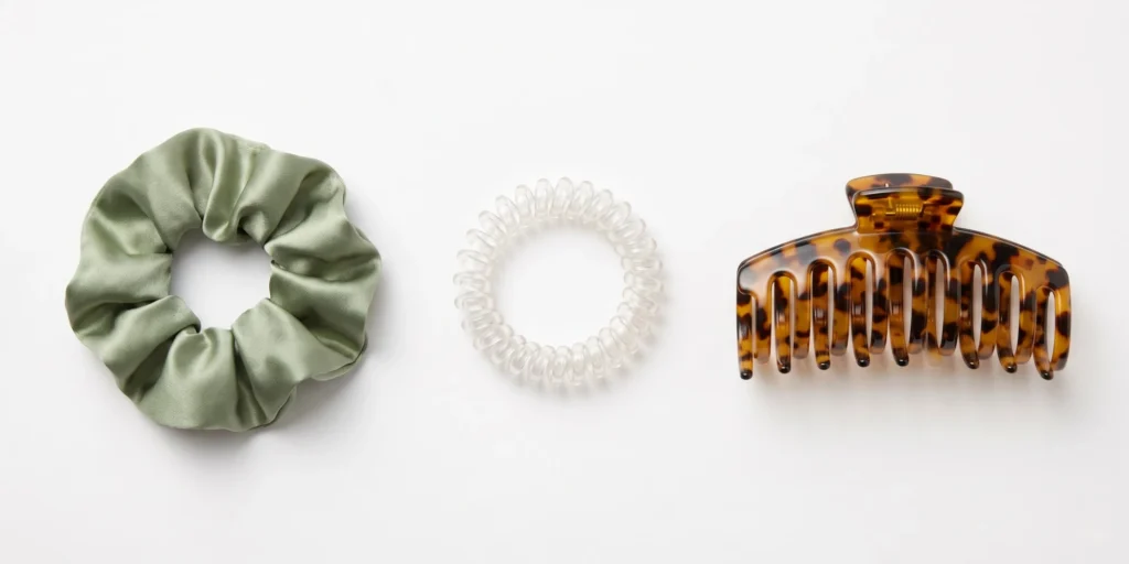 Satin scrunchie, spiral coil hair tie and acetate claw clip displayed as lower-damage alternatives to rubber elastic bands