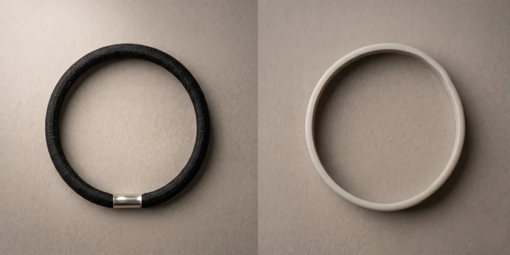 Close-up of metal-jointed elastic hair tie showing crimp join as primary snagging point compared to seamless alternative