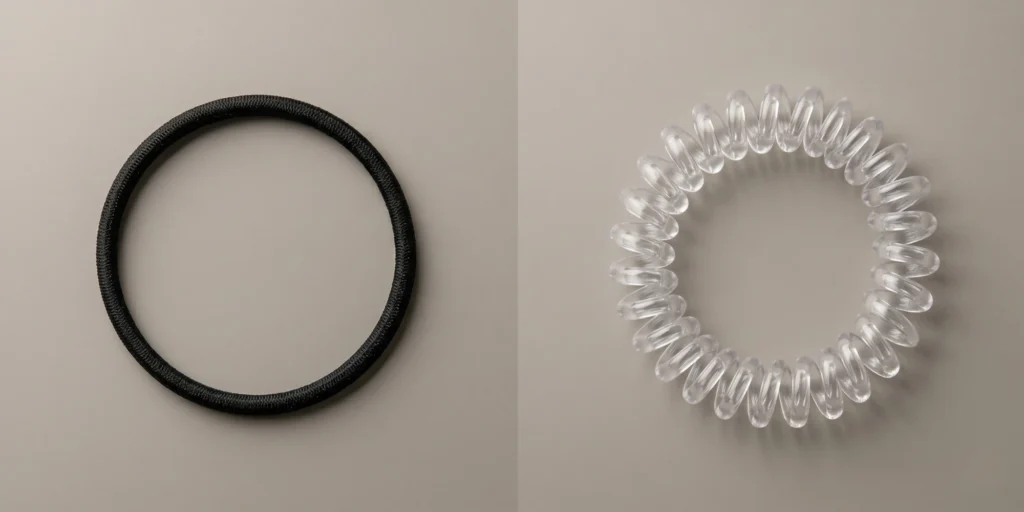 Rubber elastic band showing narrow circumferential wrap alongside spiral coil tie showing helical distributed contact pattern