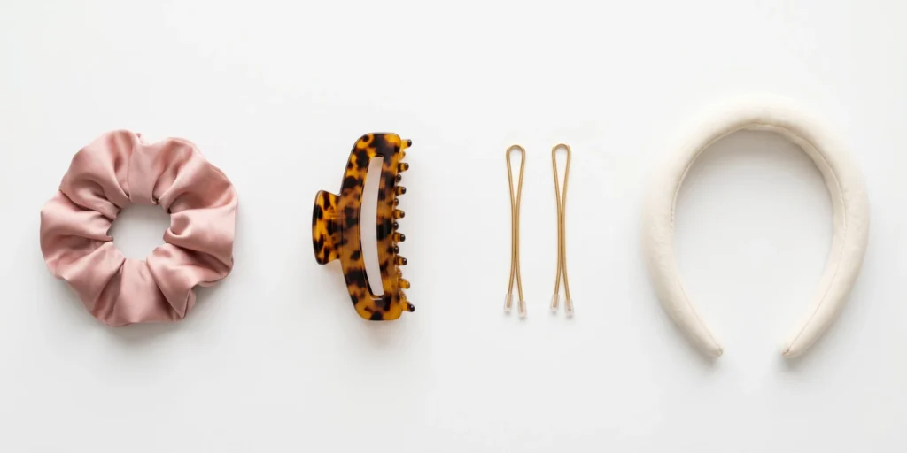 Satin scrunchie, acetate claw clip, smooth hair pin and wide fabric headband displayed as safe accessory options for color-treated hair