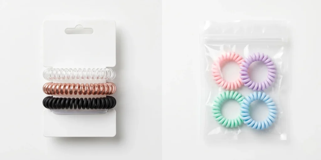 Spiral coil hair ties in assorted colours in retail packaging formats displayed for B2B sourcing reference
