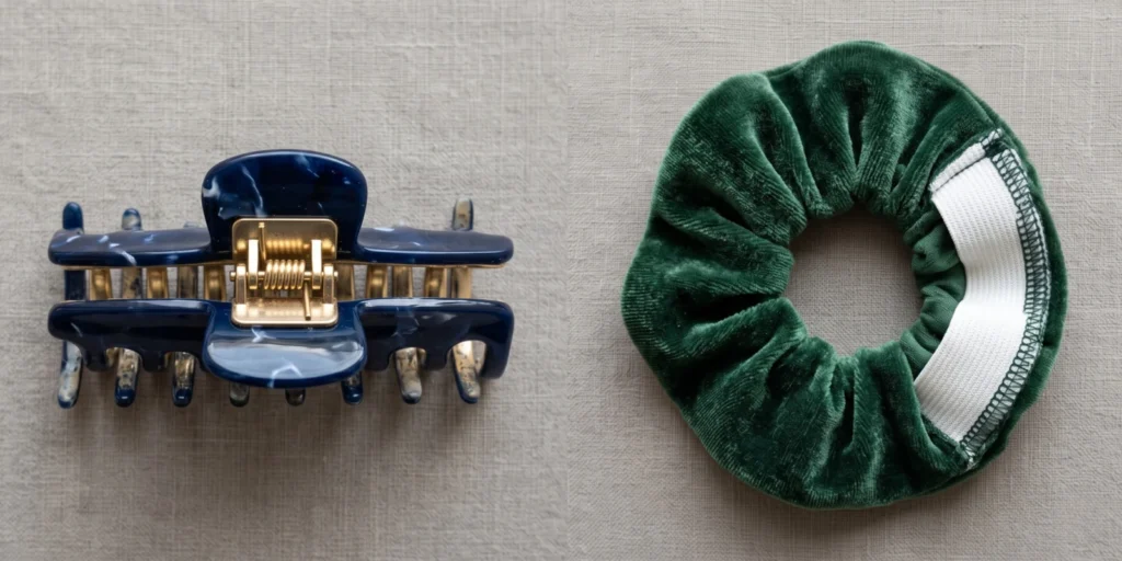 Large oversized claw clip and wide velvet scrunchie displayed showing key specifications for thick hair hold performance