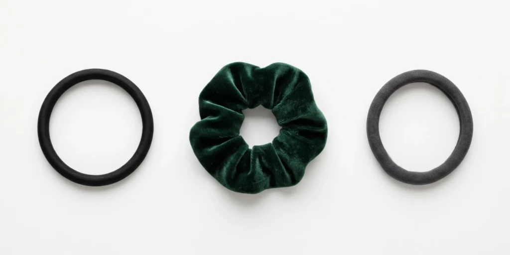 Wide elastic band, velvet scrunchie and thick seamless band displayed as hair tie options suited for thick hair