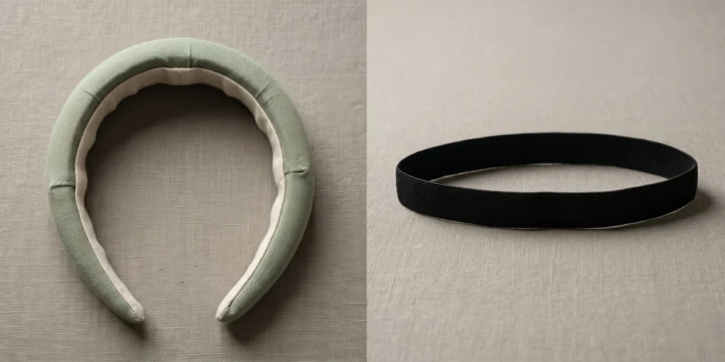 Wide padded headband showing inner structure alongside thin elastic headband showing narrow profile construction detail