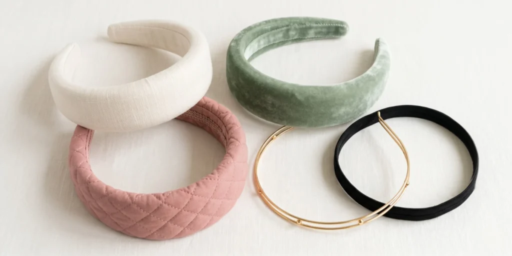 Curated range of wide and thin headbands in complementary colourways displayed for retail range planning reference
