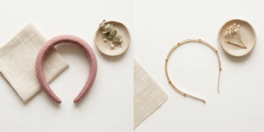 Wide embellished headband and thin wire headband displayed as styling accessories representing different aesthetic contexts