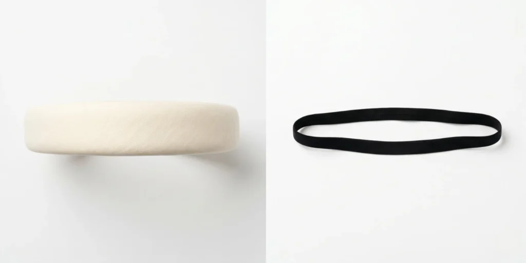 Wide fabric headband and thin elastic headband displayed side by side on a flat white surface for comparison