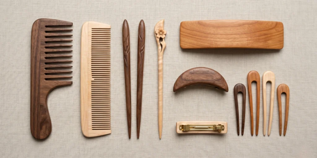 Wooden hair accessories including combs, pins and barrettes on a neutral surface