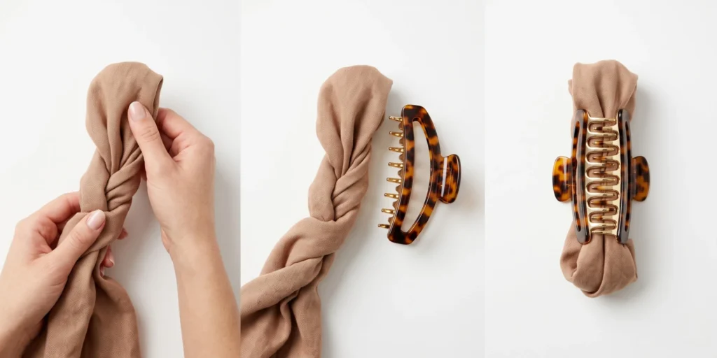 Sequence showing hands gathering hair into a twist and securing with an open claw clip demonstrating basic bun application