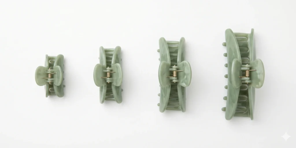 Four claw clips in small, medium, large and oversized sizes displayed in a row for size selection reference