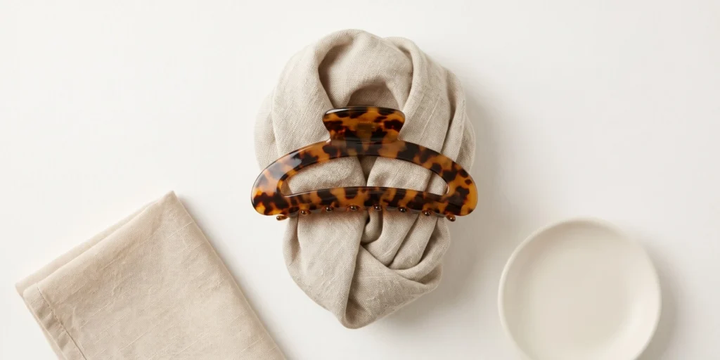 Large acetate claw clip shown securing a gathered bun in an editorial flat lay context demonstrating correct application result