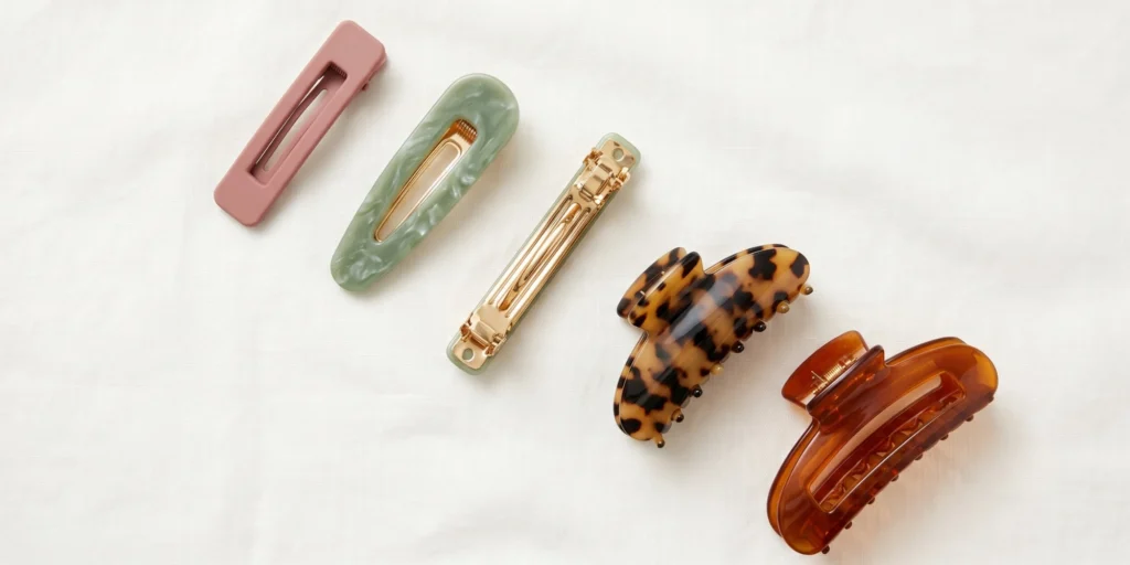 Full hair clip range including flat barrettes, French clip and claw clips in complementary colourways for retail range editorial