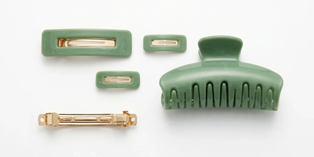 Flat snap barrettes and acetate claw clips in coordinated colourways displayed together for B2B combined range planning
