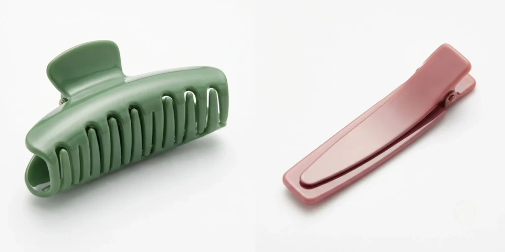 Smooth-finished acetate claw clip and smooth-lever snap barrette displayed representing low-damage clip options for hair health