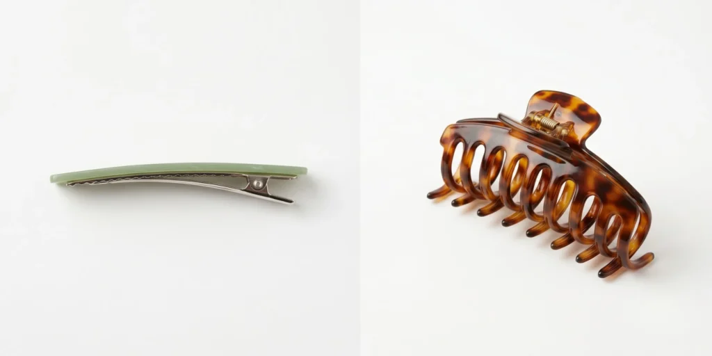 Side-view comparison of flat snap barrette low profile against raised three-dimensional claw clip jaw profile