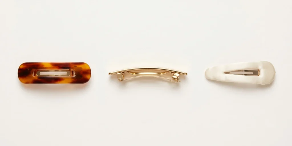 Flat hair clips in acetate, gold-tone metal and fabric-covered formats displayed showing material variety
